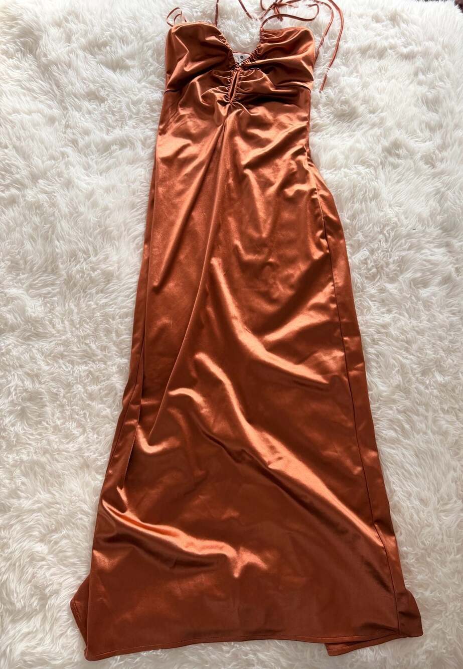 Socialite Rust Satin Ruched Halter Maxi Dress Size S